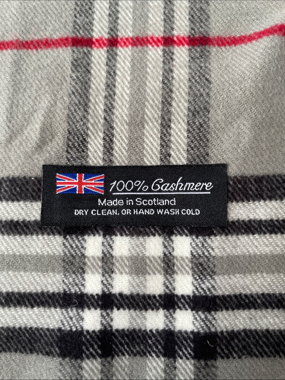 Classic Plaid Cashmere Scarf with Fringe - Gray, Black, White, Red - Picture 2 of 3